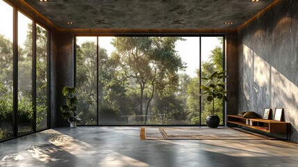 Fototapeta premium Modern Living Room with Gray Concrete Walls and Yard Panorama Generative AI