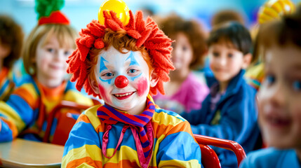 Child with clown makeup sitting in chair with other children in the background.