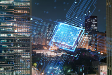 Night cityscape with digital hologram overlays representing future technology concept. Double exposure