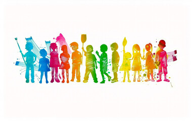 Group of children standing next to each other in front of white background.