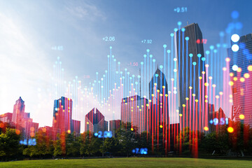 Cityscape with stock market numbers hologram, Chicago skyline and downtown park background. Double exposure. Technology and finance concept