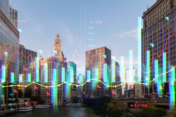 Chicago cityscape with a holographic overlay of financial graphs, urban and technology concept....