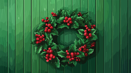Fototapeta na wymiar Beautiful mistletoe wreath on green wooden background
