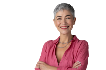 woman's radiant smile and folded arms, conveying genuine happiness and positivity.