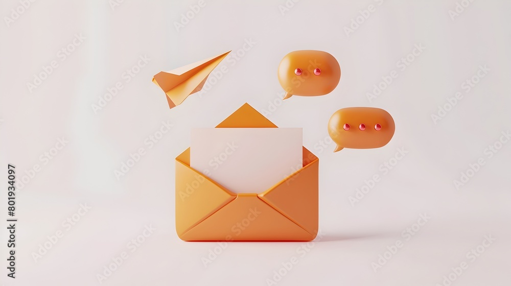 Poster minimalist 3d icon of open envelope with speech bubbles and paper plane on white background