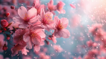 Pink Cherry Blossoms Falling from the Sky Generative AI