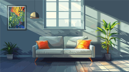 Grey sofa near window in living room Vector illustration