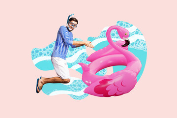 Composite photo collage of excited man wear swim equipment mask tube dive lifebuoy flamingo ocean...