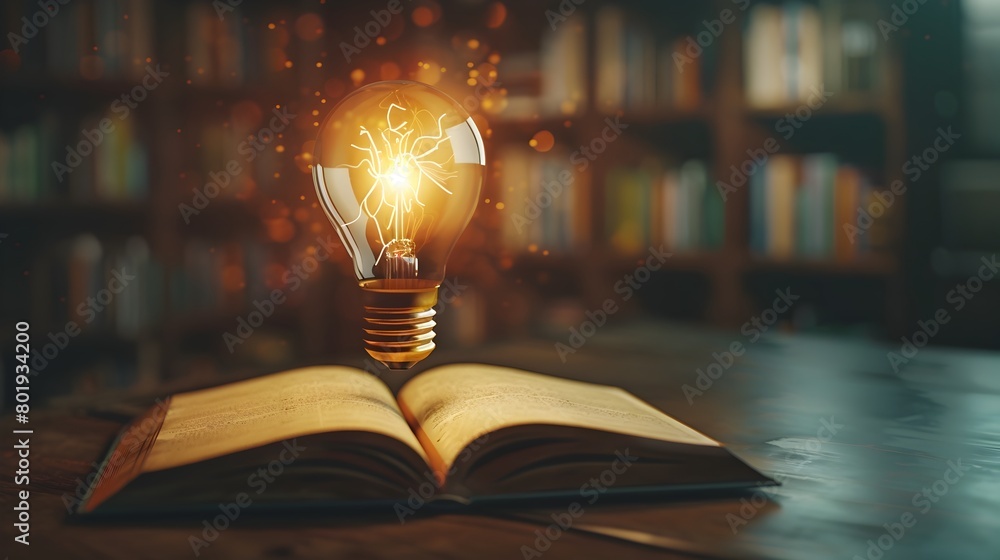 Poster glowing light bulb floating above an open book symbolizing the spark of new ideas and creativity in