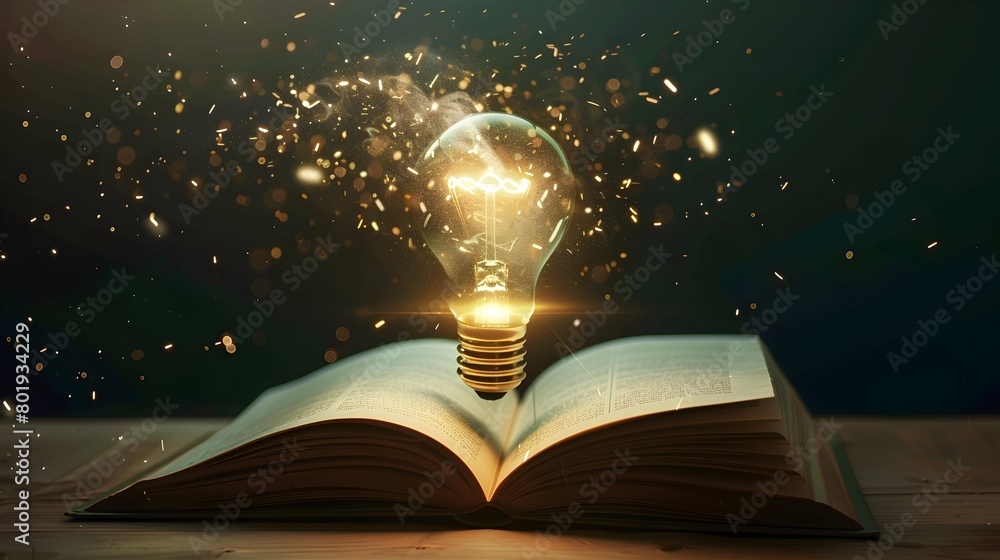 Poster glowing light bulb floating above open book symbolizing spark of new ideas and creativity in