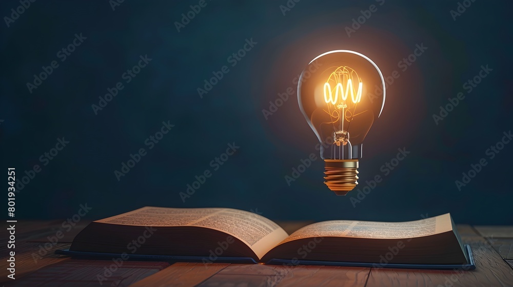Poster glowing light bulb floating above open book symbolizing spark of creativity in education