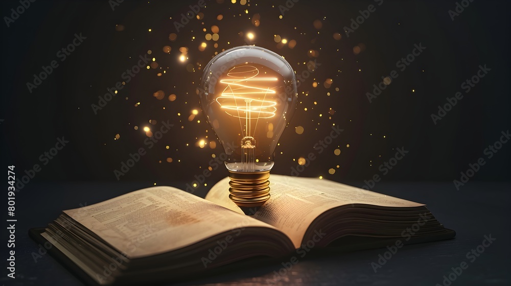 Poster glowing light bulb floating above open book symbolizing spark of creativity in education