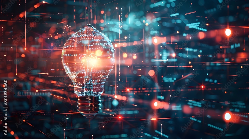 Poster futuristic light bulb with flowing digital circuits representing technological innovation and