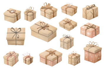 overhead view of a group of flat-lay style beige birthday presents, neatly arranged on a white background.