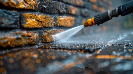 Obraz premium Cleaning a Dirty Brick Wall with a Pressure Washer Generative AI