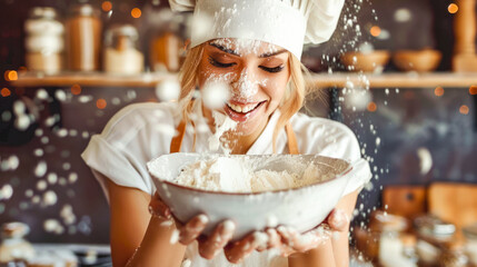 Woman in chef's hat sprinkles flour into bowl. - Powered by Adobe