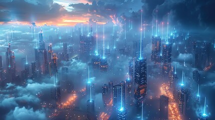 Obraz premium Cloud data centers at night, cool blue lights, aerial view, network of the future 