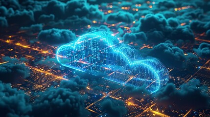 Cloud data centers at night, cool blue lights, aerial view, network of the future 