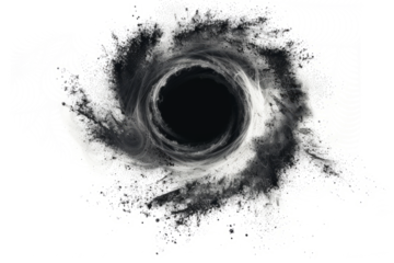 black hole surrounded by swirling gas and dust,  against a white background to highlight its mysterious and powerful nature.