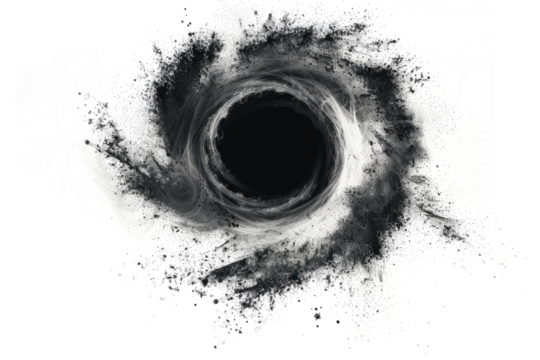 black hole surrounded by swirling gas and dust,  against a white background to highlight its mysterious and powerful nature.