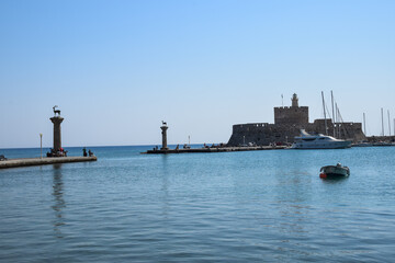 sea view on a clear summer day full of sun. Panorama of the island of Rhodes.	