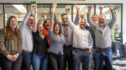 Office team celebrating hitting quarterly sales targets