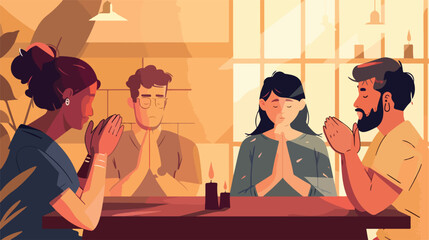 Group of people praying at table Vector illustration.