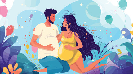 Beautiful pregnant couple on color background Vector