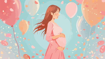Beautiful pregnant woman with baby booties and air background