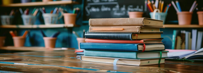 Fototapeta premium stack of books and notebooks on the teacher's desk, stationery, pens, pencils, literature, library, school, teaching, education, class, chalk board, banner, lesson, reading, student, pupil