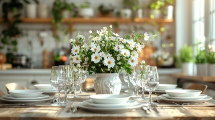 Fototapeta premium Spring Dinner Table Setting with Fresh Flowers Generative AI