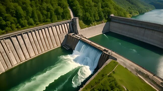 Harnessing Nature's Power: Aerial Perspective of a Hydroelectric Dam and Majestic Water Discharge
