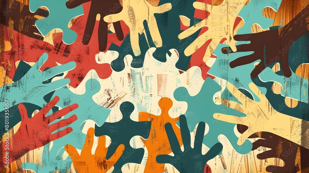 Poster diverse hands collaborating to solve puzzle - of teamwork and unity