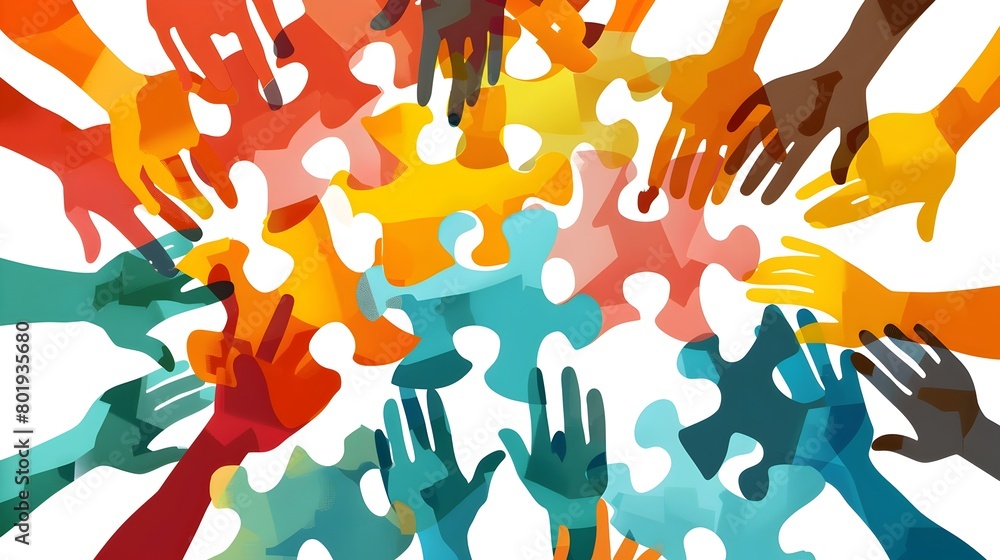 Poster diverse hands collaborating to solve puzzle symbolizing unity and teamwork