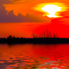 red dramatic sunset reflected in a calm lake