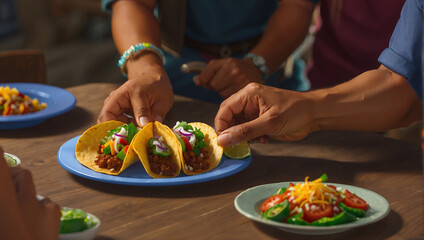 The image depicts a close-up of a table with a plate of tacos and a plate of salad. Two people are shown eating the tacos.

