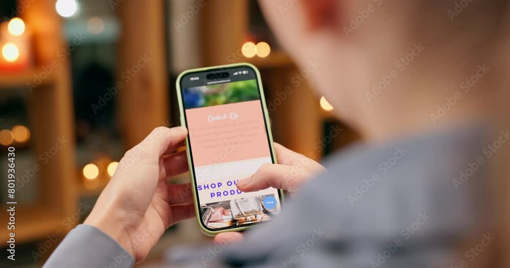 Poster man, phone screen and online shopping on website at home with browsing for grocery or food delivery 