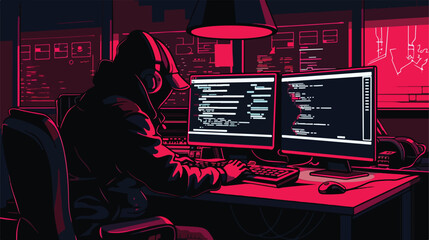 Hacker using computer in dark room Vector illustration