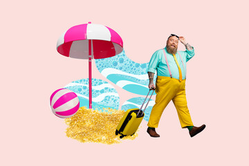 Composite photo collage of astonished overweight belly man walk resort beach carry suitcase umbrella ball isolated on painted background