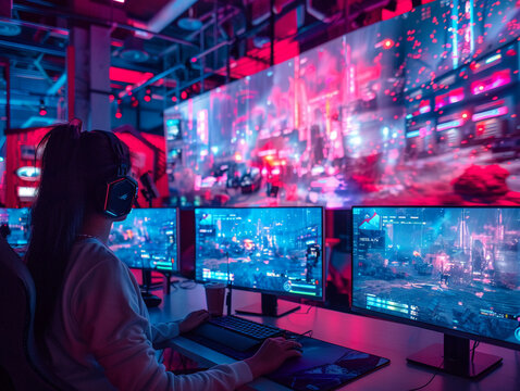 Online gaming room, multiple screens, RGB lights, gamers in action, wide-angle, immersive, high-energy digital party style