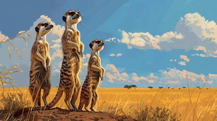 Curious Guardians: A Family of Meerkats Vigilantly Scanning the Savanna