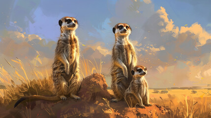 Curious Guardians: A Family of Meerkats Vigilantly Scanning the Savanna