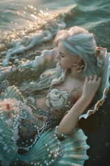 mermaid or sea siren with blue hair lies in an open seashell on the azure water, wearing detailed dress from pearls, seashells and lace, dreamlike, fantasy, fairy tale fashion photography, cinematic