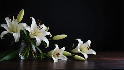 Beautiful lily on dark background with space for text. Funeral flower