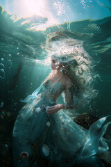 mermaid or sea siren with blue hair underwater in the azure water with sun rises, wearing detailed dress from pearls, seashells and lace, dreamlike, fantasy, fairy tale fashion photography, cinematic 