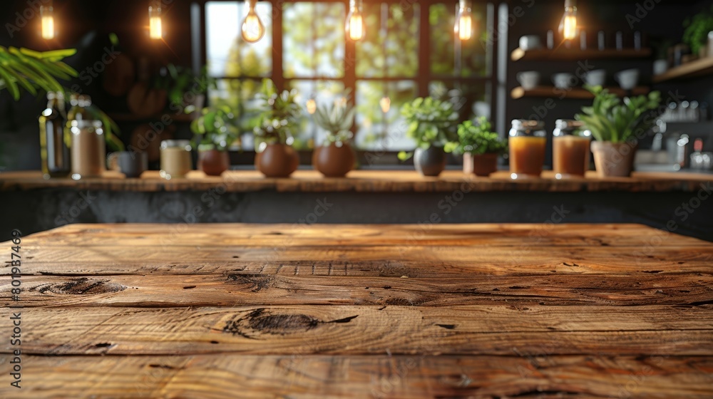 Aufkleber rustic kitchen table setting with empty desk and bokeh background generative ai