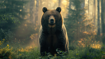 Portrait of a bear standing in the middle of a foggy forest under the sunlight in the morning