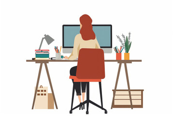 Fototapeta premium A female freelancer works at home on a computer. The concept of remote freelance work. Online study, education. A flat vector.