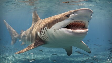 Naklejka premium A painting depicting a shark swimming in the water column. A large predatory fish swimming in the ocean. Underwater scene. Illustration for cover, card, postcard, interior design or print.