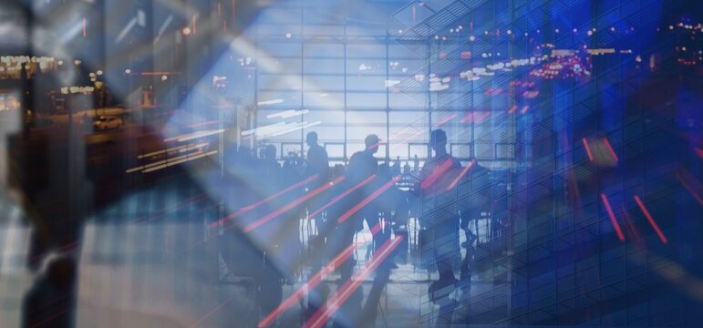 High tech modern urban background with crowd and traffic and overlaying elements of skyscrapers and a highway in blur with blue color correction and light rays. Concept of constant motion and speed